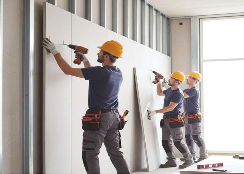 Fitters screw-fixing Cemtone board to a steel frame to form an office partition